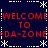 Pixelated red text on dark blue background reads "WELCOME WELCOME TO DA-ZONE DA-ZONE" with white asterisk and dotted line decorations.