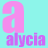 A static image shows a large pink lowercase 'a' with the word 'alycia' in purple below it, accompanied by a heart symbol that changes color from light blue to pink.