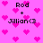 Pixelated pink background with scattered hearts and text reading "Rod + Jillian<3" in black block letters.