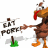 Animated turkey character with red wattle and orange beak gestures toward 'EAT PORK!' sign while standing on green grass patch against white background.