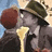 Two figures in dark clothing embrace under a light-colored sky, one with brown hair and the other wearing a green hat holding a yellow object.