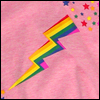 A rainbow-colored lightning bolt icon with a pink background and scattered stars.