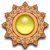 Pixelated sun icon with yellow-green gradient center, orange-brown radiating spikes on gray background.