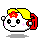 A 4-frame pixel art contact sheet of a cartoon character with yellow hair, red flower accessory, and pink blush marks on white cheeks, showing different facial expressions across frames.