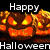 Pixelated pumpkin faces with glowing eyes and mouths animate against a black background, with "Happy" and "Halloween" text above and below.