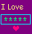 Yellow text 'I Love' above a cyan-bordered rectangle with five green stars and a pink heart below on purple checkered background.