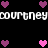 Pixelated icon with repeated text and heart symbols in pink hues on black background.