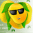 A pixelated yellow fruit character with green hair and black sunglasses, next to a yellow background with black text reading 'that fruit is yummy in my tummy'.