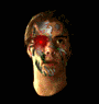 Animated sequence of a person with metallic face paint and red glowing eyes, shown from multiple angles against black background.