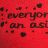 Red background with repeated text 'everyone loves an asian girl' and scattered dark heart shapes, featuring a white heart icon in the bottom-left corner.