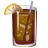 A pixelated beverage icon shows a tall glass filled with dark brown liquid, ice cubes, and a purple straw, garnished with a lemon slice on the rim.