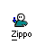 Pixelated character with white face and teal body holding blue object, standing above text "Zippo" on gray background.