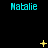 Pixelated cyan text 'Natalie' repeated across a black background with scattered yellow star-like animations.