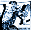 A blue-and-white pixelated animation of a figure in motion with text reading 'take warning' at the bottom, showing sequential changes in limb positioning.