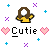 Pixel art of a figure with brown hair and yellow top, gray background with blue/purple crosses and pink hearts, text "Cutie" in black-and-white pixel font.