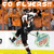 A hockey player in black uniform skates on ice with orange arena seats and 'GO FLYERS!!' text visible above.