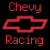 Red Chevrolet bowtie logo with 'Chevy Racing' text above and below, surrounded by red racing-themed phrases on a black background.