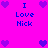 Pixelated icon with bright pink background, blue text reading "I Love Nick," and purple heart symbols arranged in a pattern