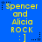 Blue background with yellow text reading "Spencer and Alicia ROCK : ]" repeated in a pattern, each instance accompanied by small star icons