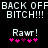 Pixelated text and symbols on black background with two identical side-by-side sections showing 'BACK OFF BITCH!!!' above 'Rawr!' and pink/purple asterisks.