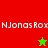 Red and green vertical split background with white text "NJonas Rox" on both sides, a green star above the red section and a red star below the green section.