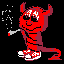 Red devil character with horns, sunglasses, and checkered shoes smokes a cigarette against black background; smoke particles vary across frames.
