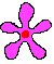 Three pink flower-shaped icons with red centers on gray background, each with distinct petal arrangements.