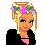 Pixel art contact sheet showing a female character with blonde hair and flower crown in various poses, wearing black top and blue jeans with white patterns, alongside text "Aloha" and star symbols.