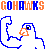 Pixelated 'GOHAWKS' text above a blue-outlined bird with orange beak, showing two sequential animation frames where the bird's body shifts slightly left to right.