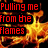 A static image with a fiery background and red text in black boxes, displaying lyrics about being pulled from flames.