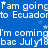 Blue background with repeated white text 'I am going to Ecuador' and 'I'm coming bac July 18', small white stars scattered, gray rectangle in bottom-right corner.