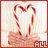 Animated sequence of candy cane hearts forming a bow with changing text and small heart icons.