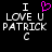 Pixelated text reads "I LOVE U PATRICK C" with a pink heart replacing the 'O' in 'LOVE', displayed on black background.