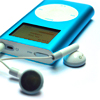 Blue portable media player with circular white top section and small screen showing indistinct text, accompanied by white earbuds on a white background.