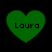 Four green heart-shaped icons with the text 'Laura' displayed in pixelated black font, arranged in a on a black background