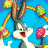 Bugs Bunny holds a colorful Easter egg with yellow, green, and pink segments against a blue background; right side displays 'OriginalIcons.com' in bright green pixelated text on dark green.