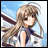 Pixelated anime-style character with long brown hair and red eyes, wearing a white and blue outfit with dark accents, set against a light blue sky background.