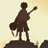 Pixelated static icon of a dark silhouette figure standing on a rock with guitar, against light gradient background.