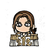 Six chibi-style character portraits with brown hair and blue eyes, each in distinct clothing, arranged in a two- on white background
