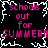 Pixelated text repeats 'schools out for SUMMER! SUMMER!' in pink on black with white crackle effect.