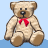 Static pixelated teddy bear icon with light brown fur, red bow tie, and blue background.