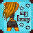 Pixel art contact sheet of an animated icon showing a woman with long yellow hair from behind, wearing black shorts and orange shoes, standing on a blue patterned background with "my bump" text and white flower shapes.