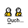 Animated contact sheet of a yellow stick figure character reacting to pain with red particle effects, displayed on gray background with "Ouch..." text beneath each frame.