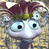 Pixelated cartoon character with large blue eyes, purple hair, and a green headband against a blurred background.