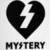 Black broken heart icon with white lightning bolt inside, below which is pixelated text reading 'MYSTERY' on a light gray background.