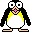 Pixelated penguin with black, white, yellow, and orange colors in various poses including standing, waving, and tongue-out expressions.
