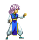 Pixel art character with pink hair in blue and white outfit performing energy attack animation