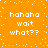Orange background with white pixelated text and scattered dots, displaying 'hahaha wait what??' in four identical quadrants.