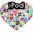 Two heart-shaped pixel art icons with multicolored mosaic patterns, one displaying 'iPod' text and the other showing 'Love' text.