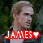 Pixelated image of a person with light hair against green foliage, overlaid with red text reading "JAMES" and heart symbol on left side, and "I LIKE THE BAD BOYS" on right.